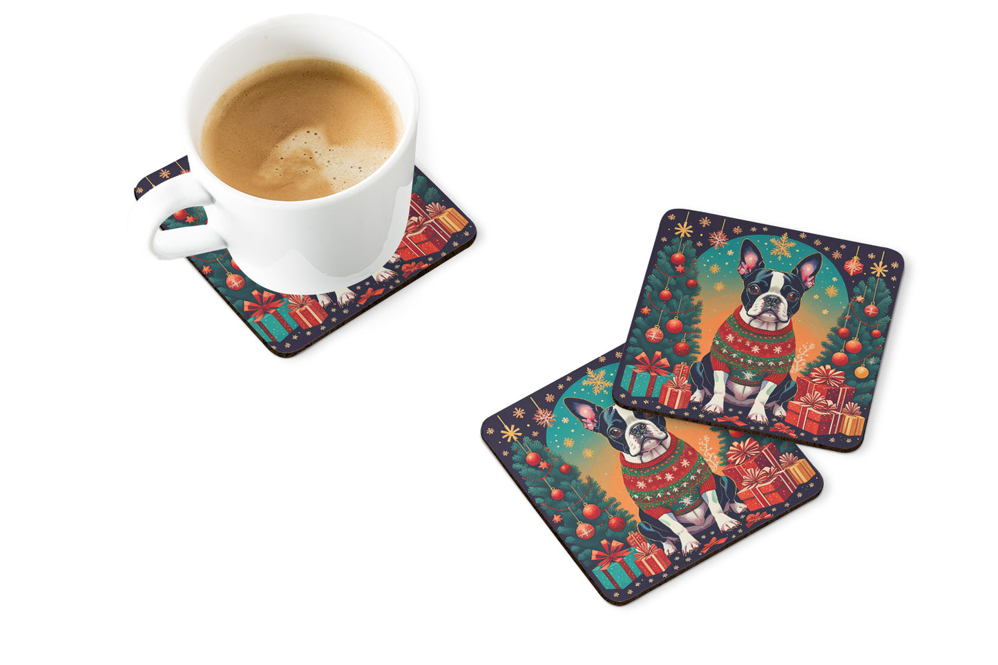Boston Terrier Christmas Foam Coasters