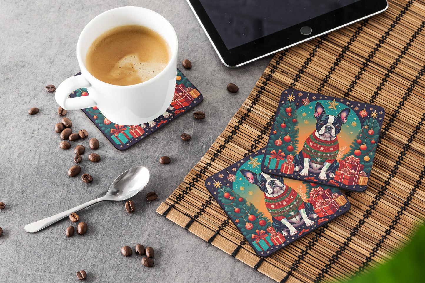 Boston Terrier Christmas Foam Coasters
