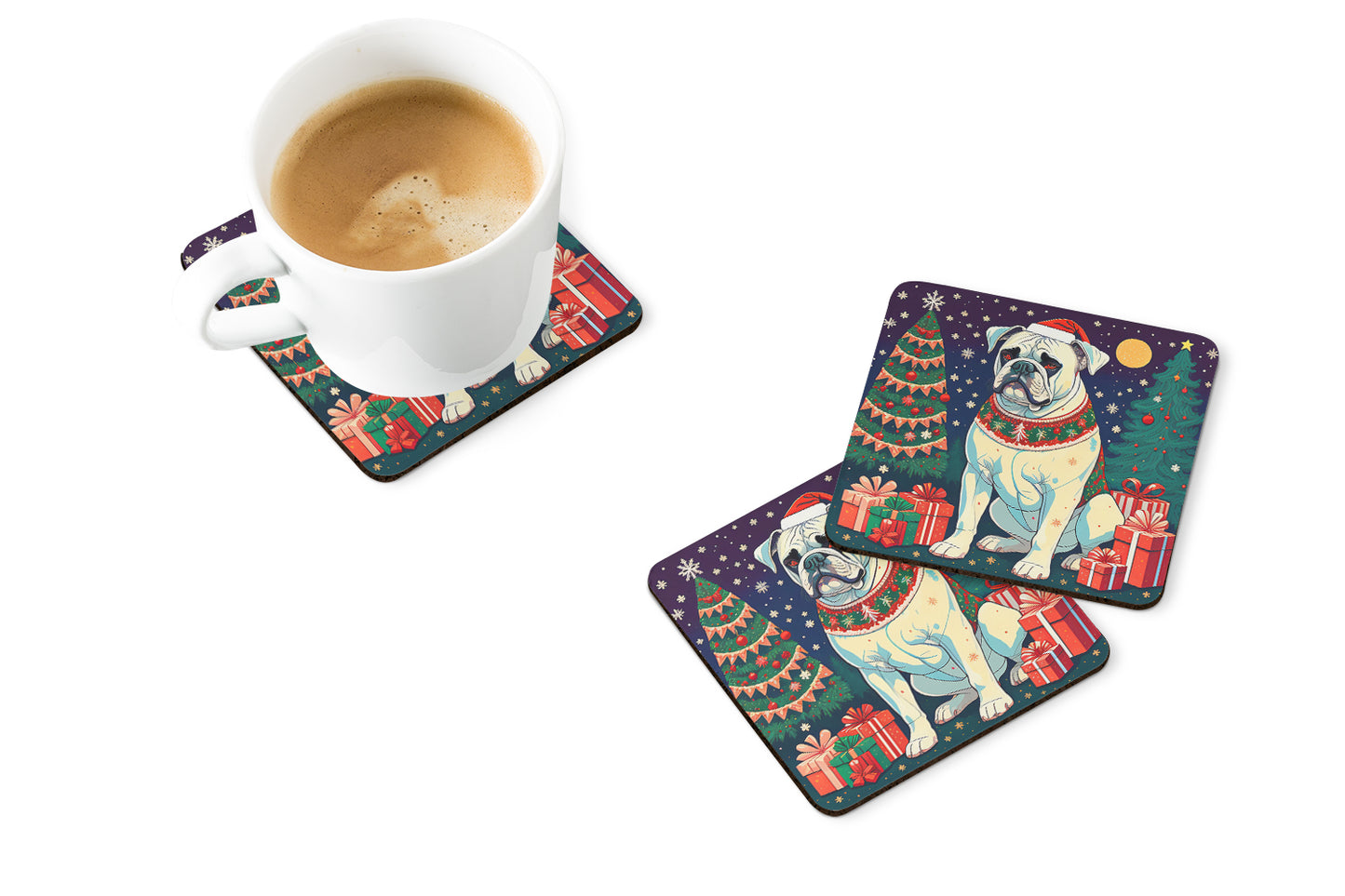 White Boxer Christmas Foam Coasters