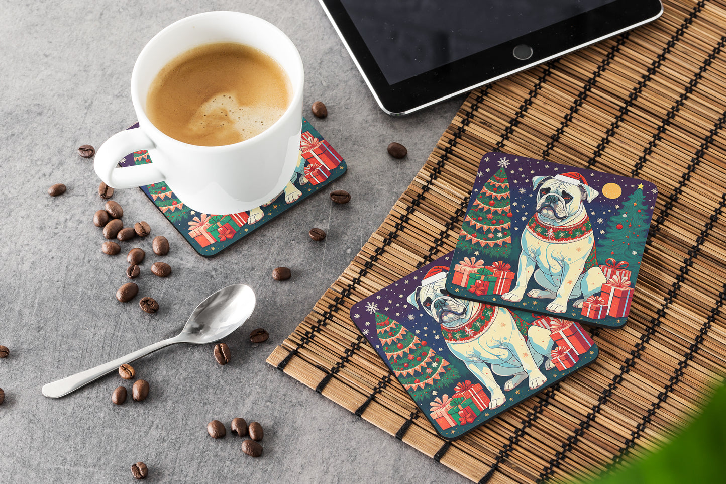 White Boxer Christmas Foam Coasters