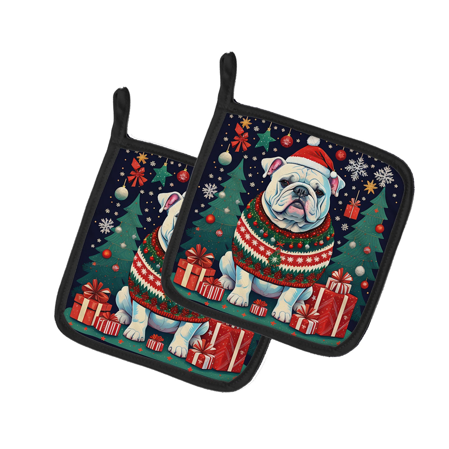 Buy this White English Bulldog Christmas Pair of Pot Holders