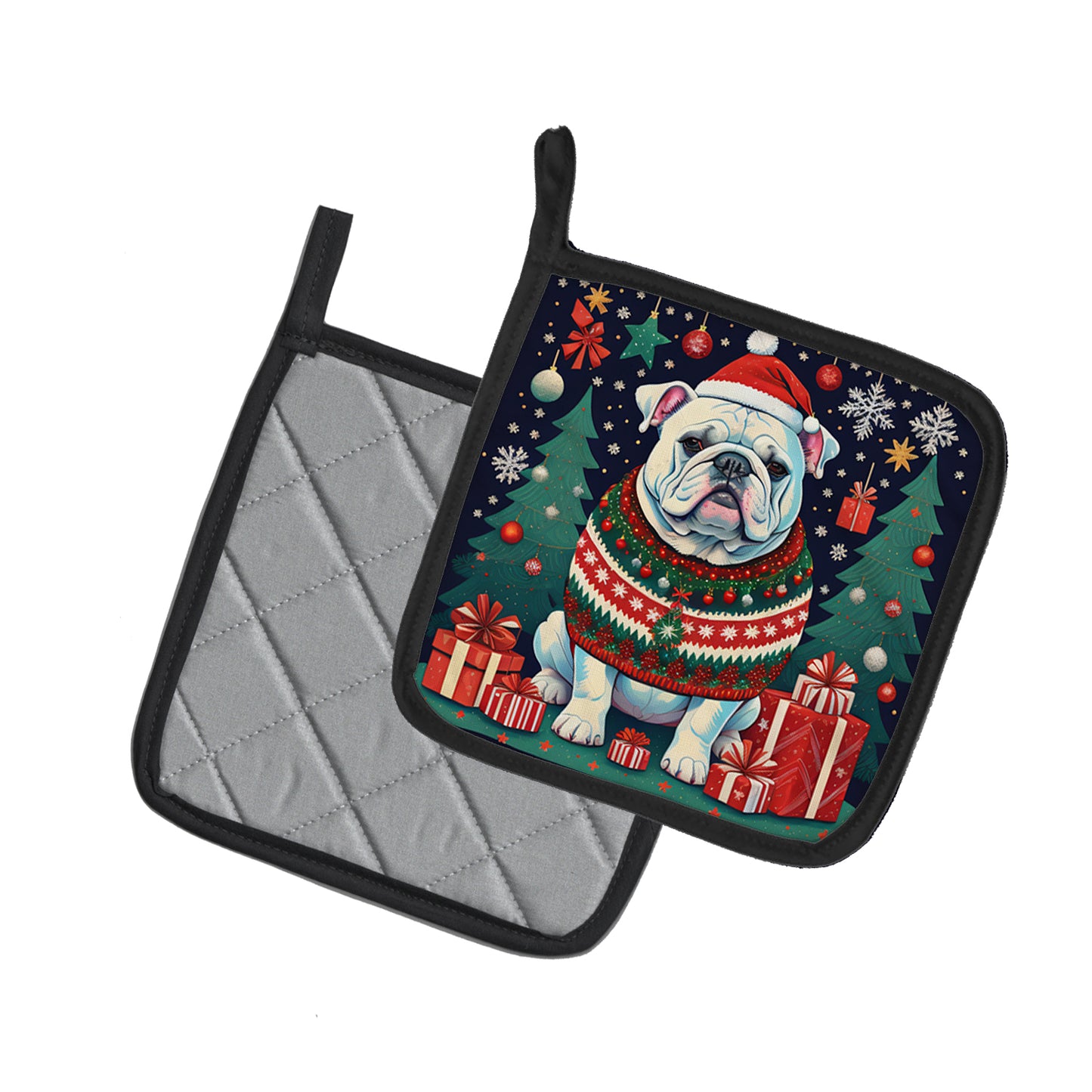 White English Bulldog Christmas Pair of Pot Holders