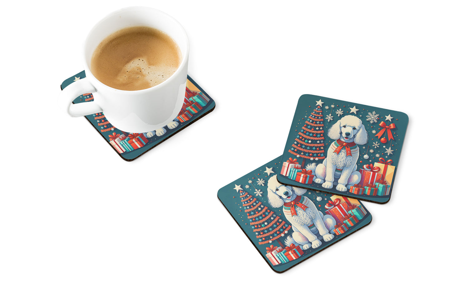 White Poodle Christmas Foam Coasters