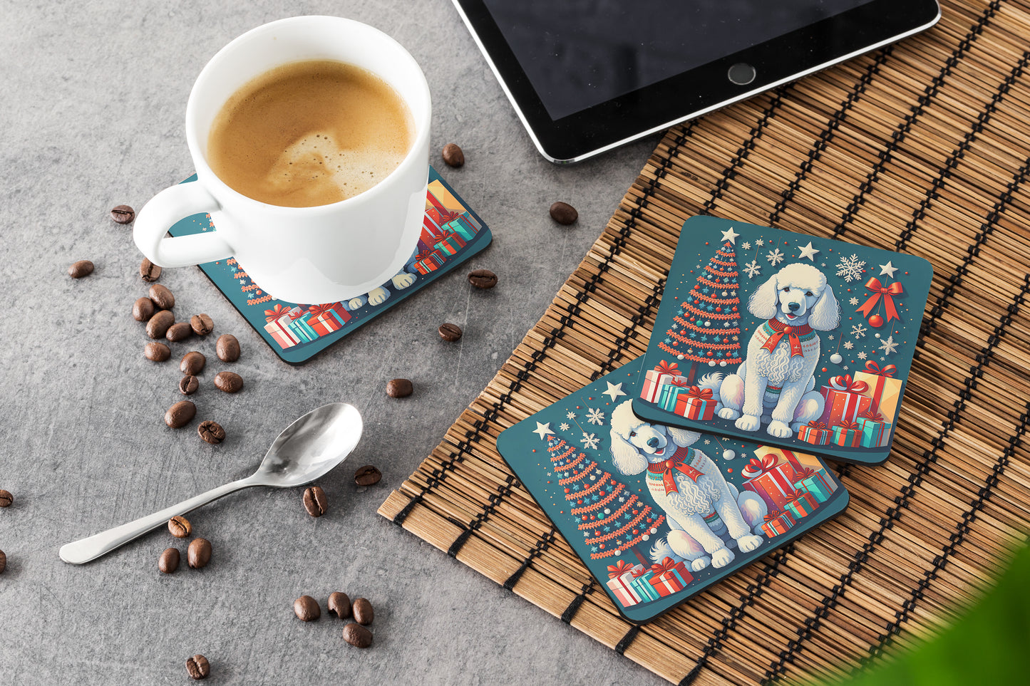 White Poodle Christmas Foam Coasters