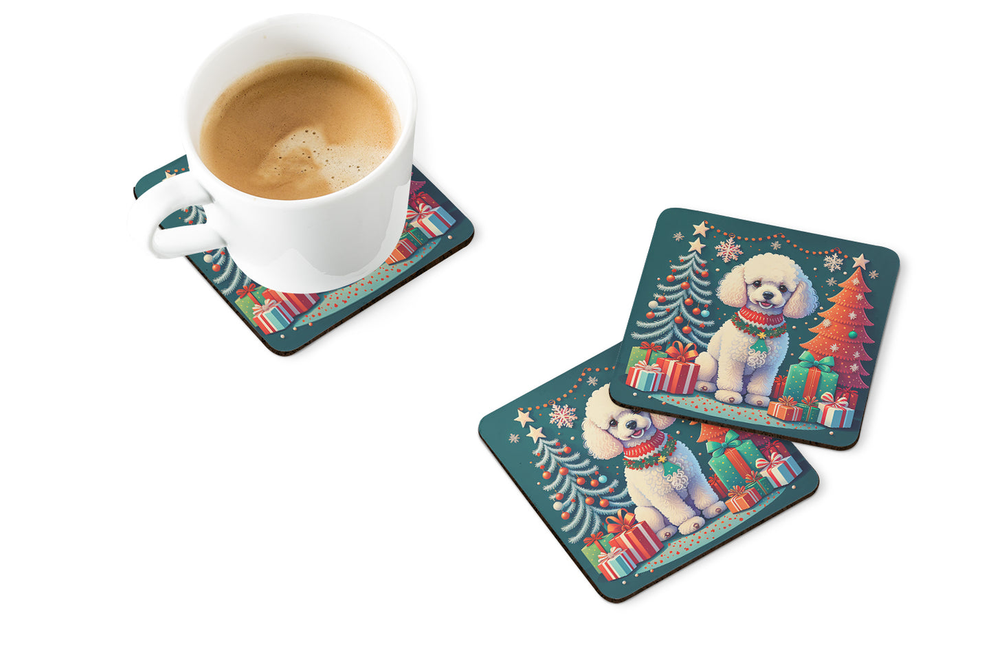 White Toy Poodle Christmas Foam Coasters