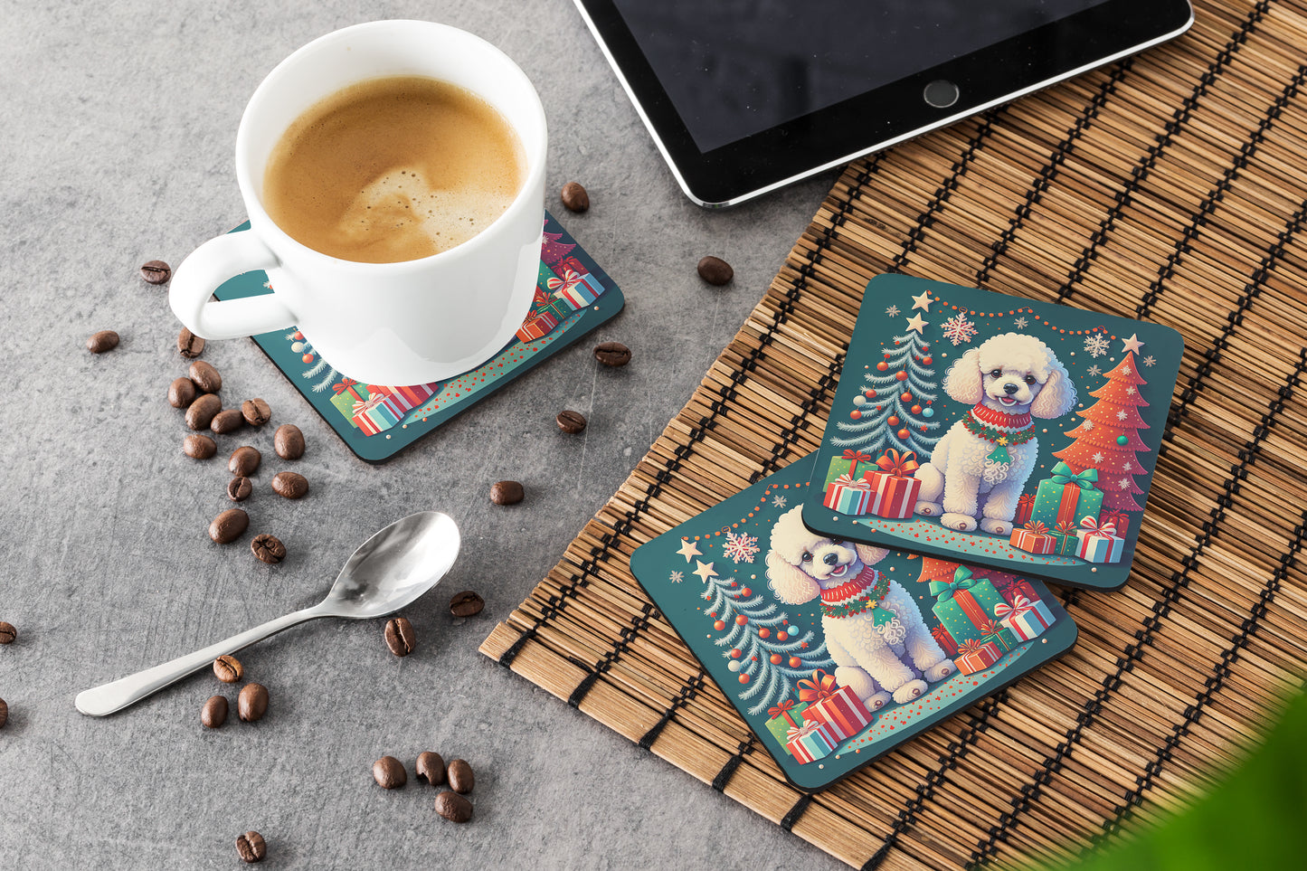 White Toy Poodle Christmas Foam Coasters