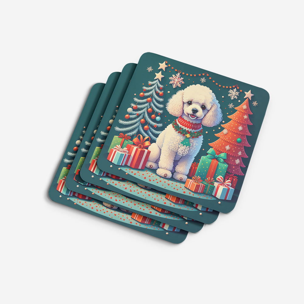 White Toy Poodle Christmas Foam Coasters