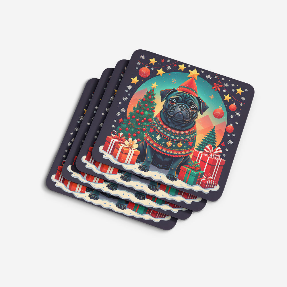 Black Pug Christmas Foam Coasters