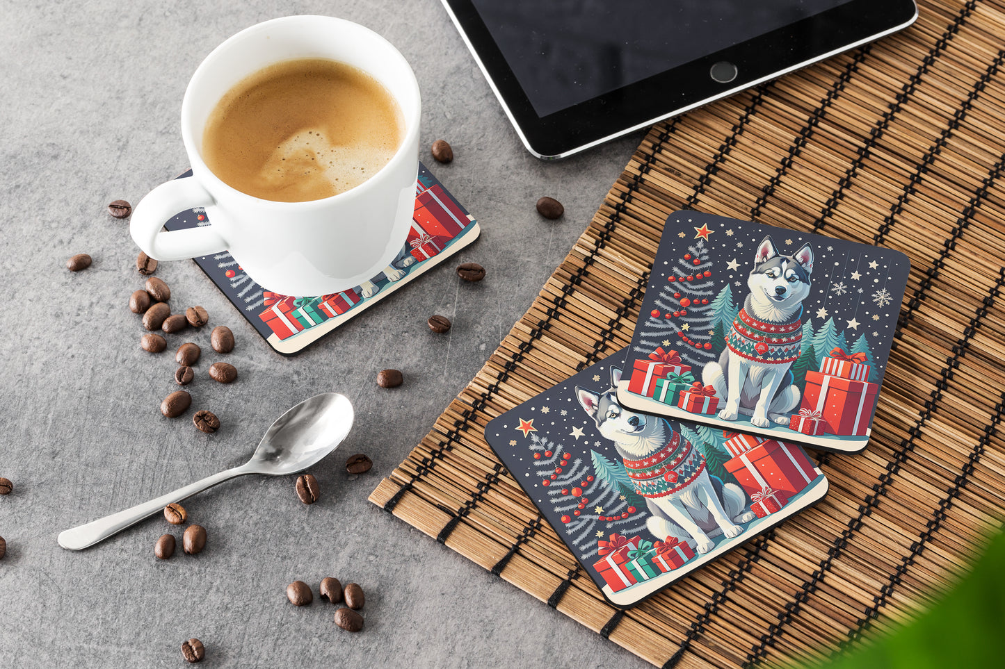 Siberian Husky Christmas Foam Coasters