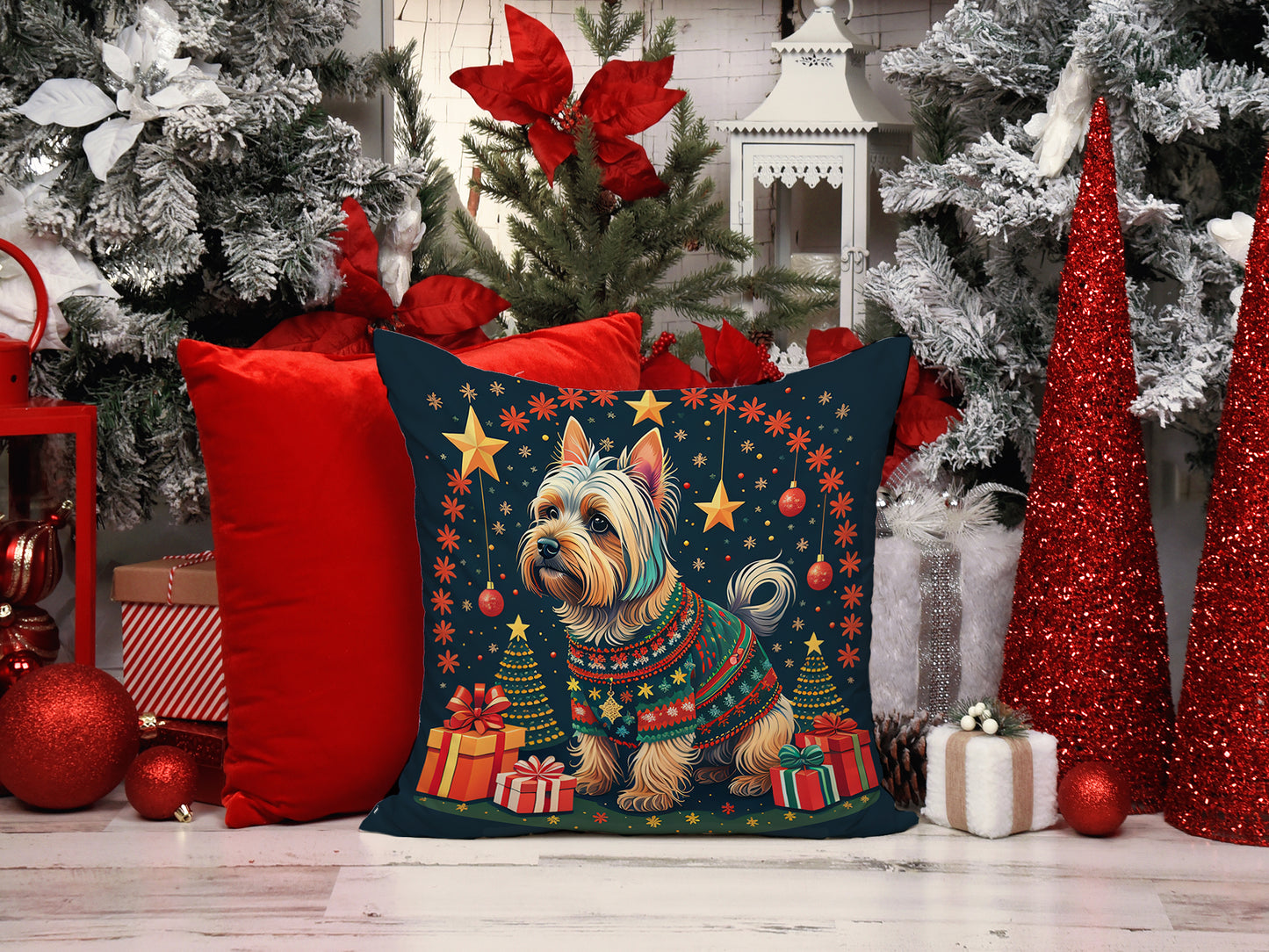 Silky Terrier Christmas Throw Pillow