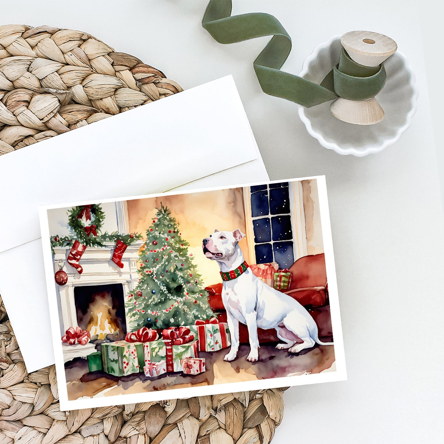 White Pit Bull Terrier Christmas Greeting Cards and Envelopes Pack of 8