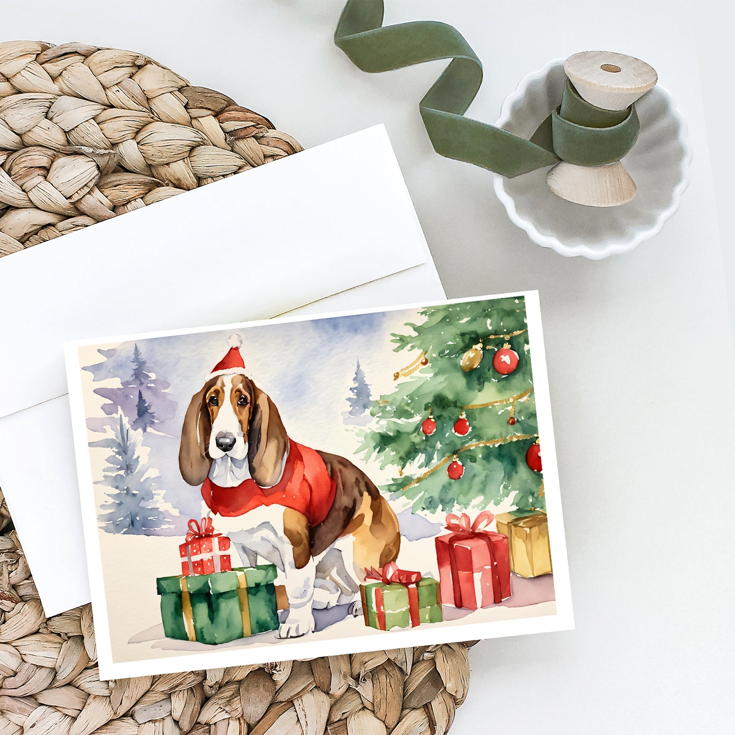 Basset Hound Christmas Greeting Cards and Envelopes Pack of 8