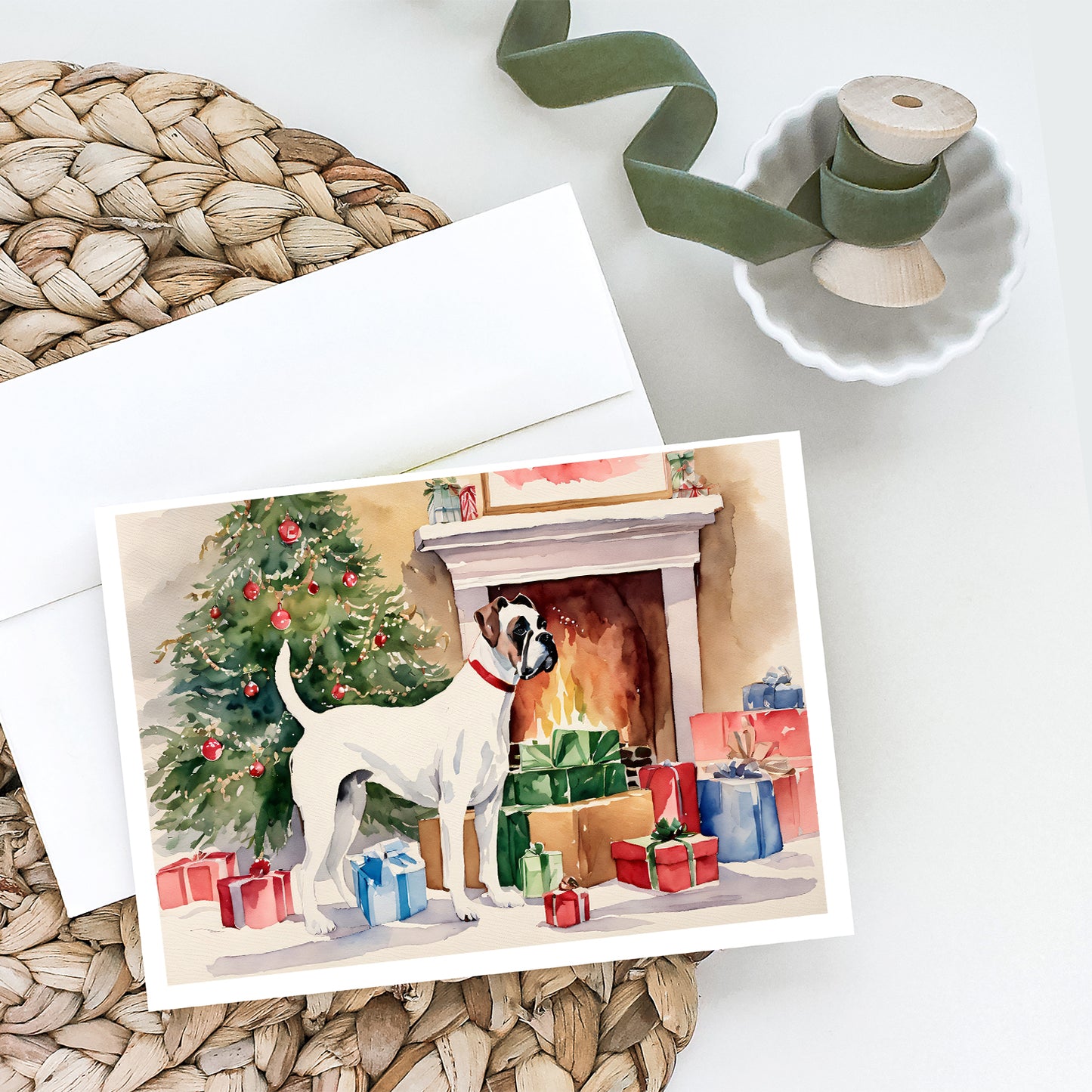 White Boxer Christmas Greeting Cards and Envelopes Pack of 8
