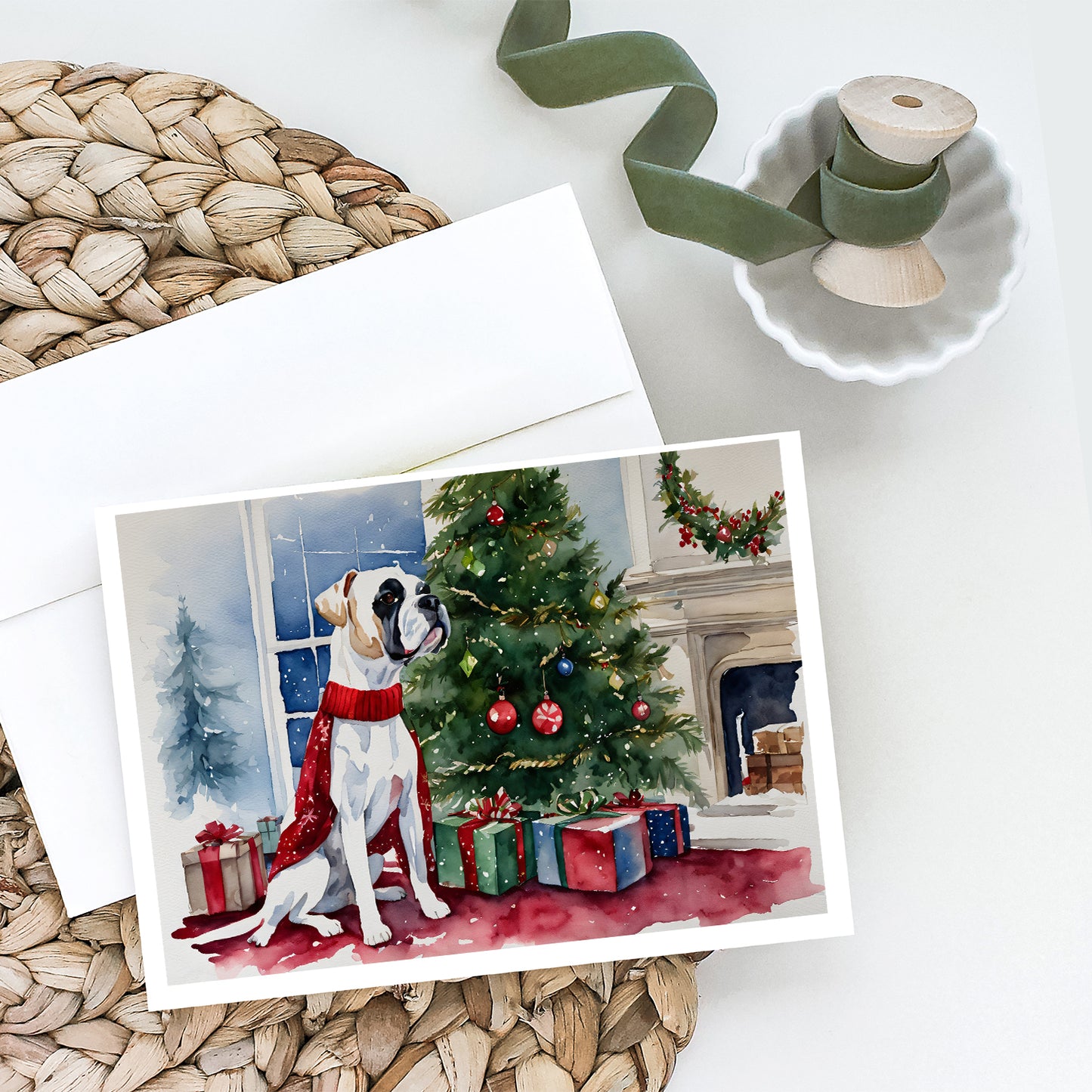White Boxer Christmas Greeting Cards and Envelopes Pack of 8