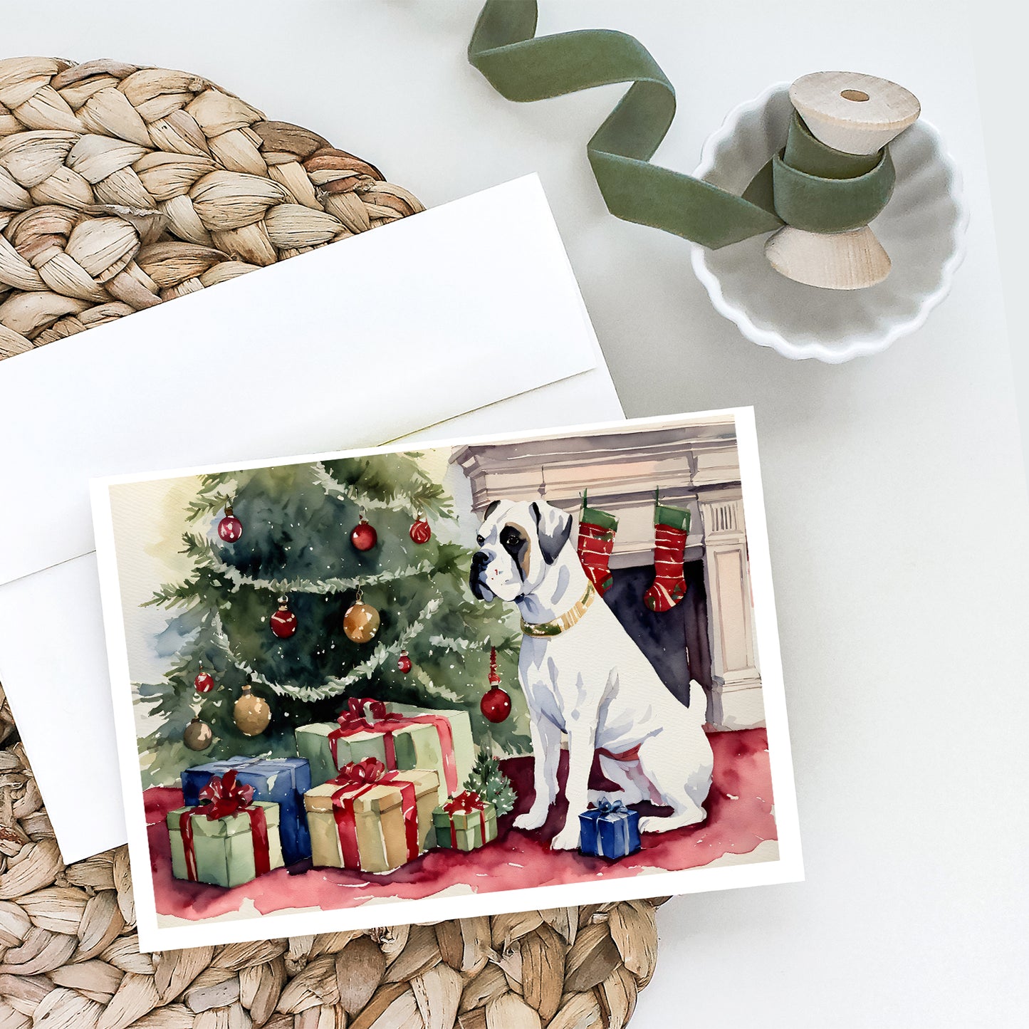 White Boxer Christmas Greeting Cards and Envelopes Pack of 8