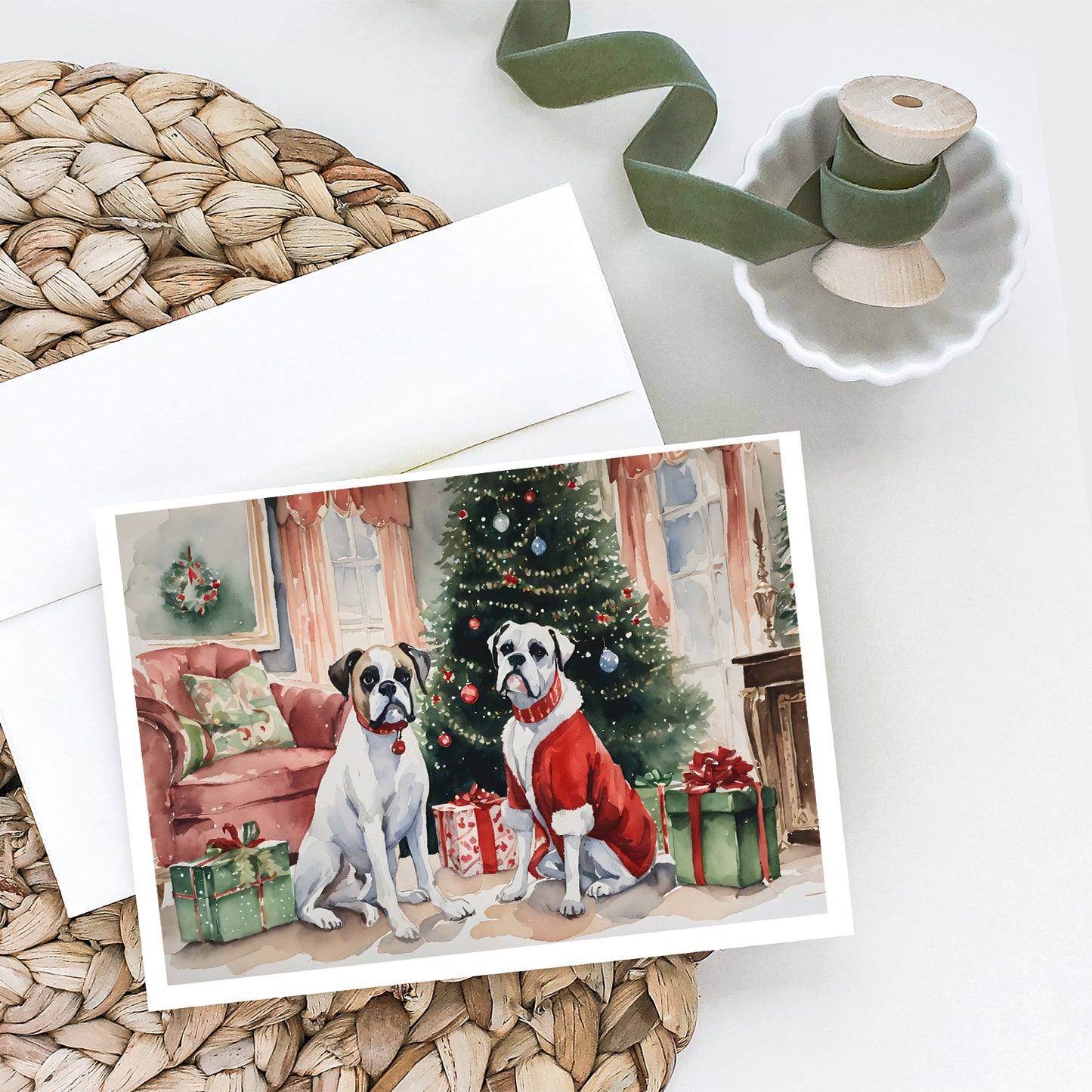 White Boxer Christmas Greeting Cards and Envelopes Pack of 8