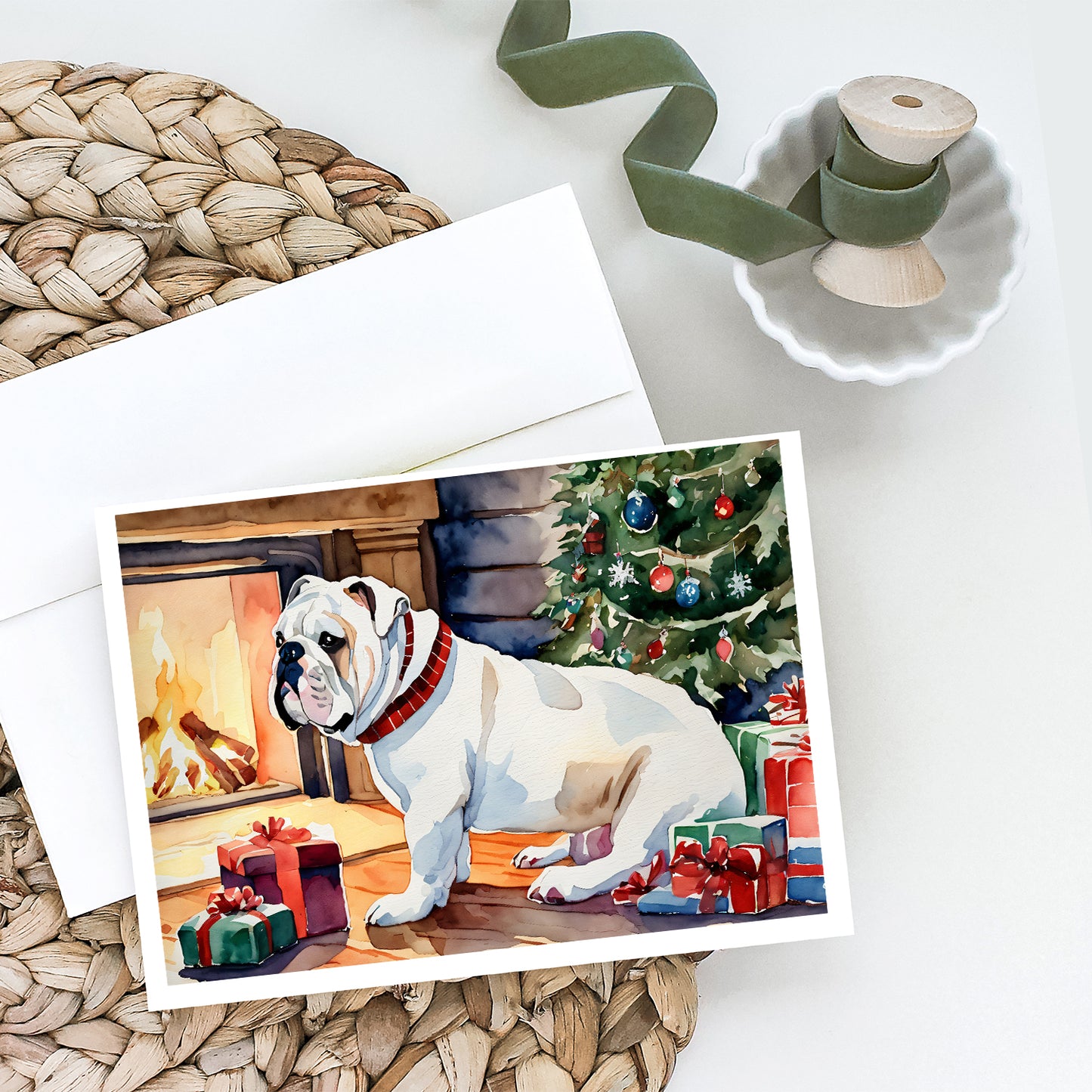 White English Bulldog Christmas Greeting Cards and Envelopes Pack of 8