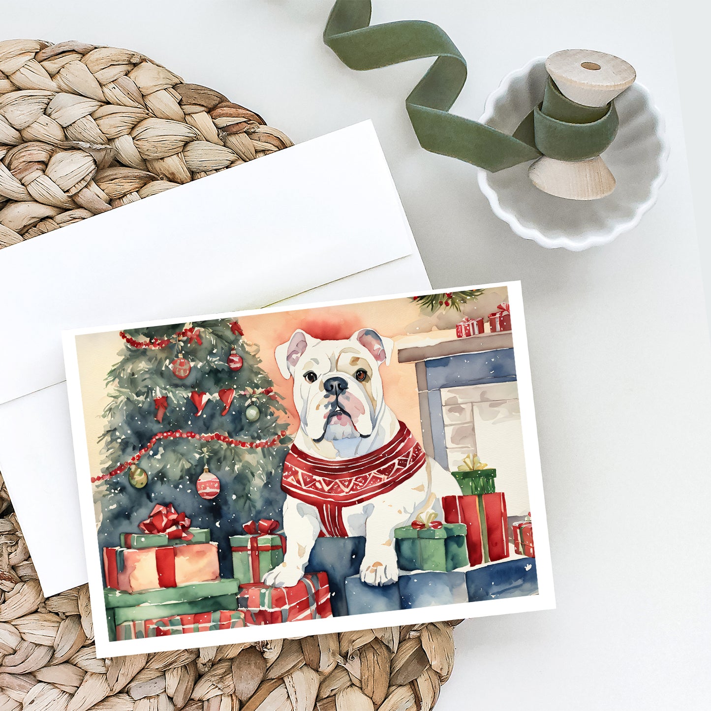 White English Bulldog Christmas Greeting Cards and Envelopes Pack of 8