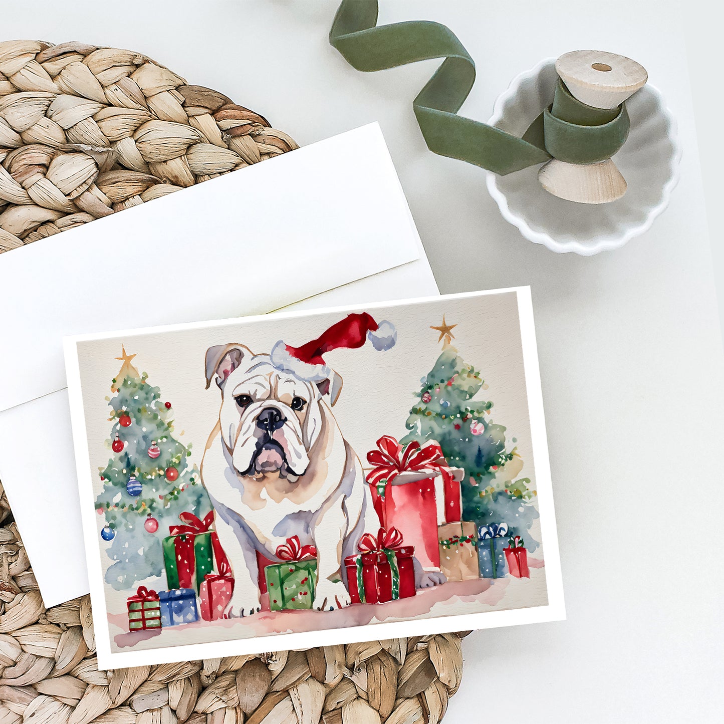 White English Bulldog Christmas Greeting Cards and Envelopes Pack of 8