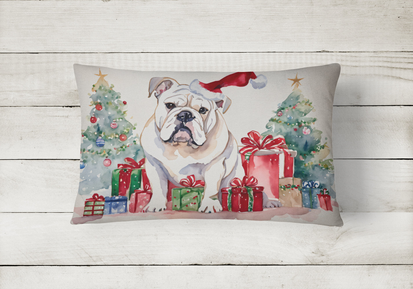 White English Bulldog Christmas Throw Pillow