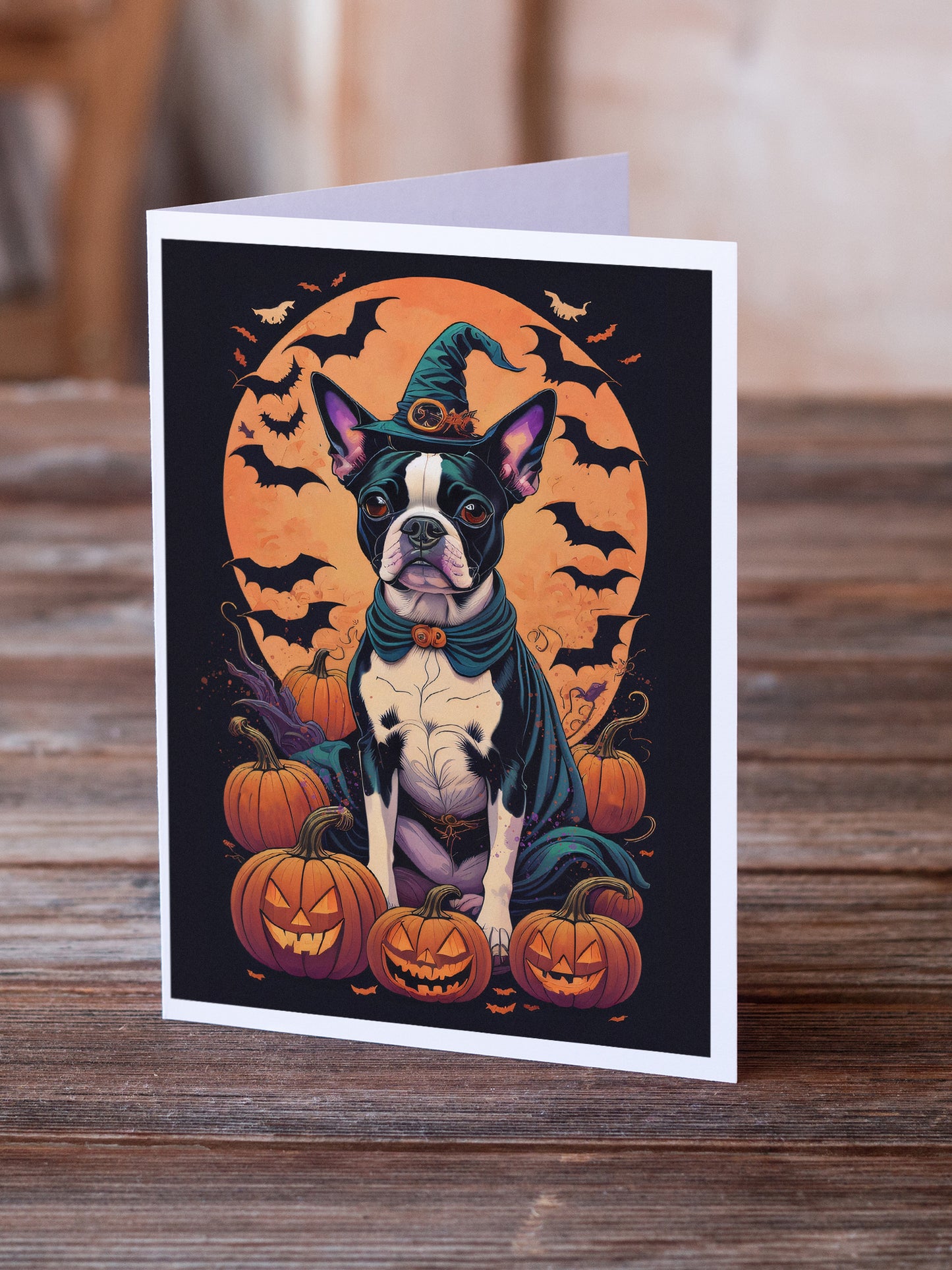 Boston Terrier Witchy Halloween Greeting Cards and Envelopes Pack of 8