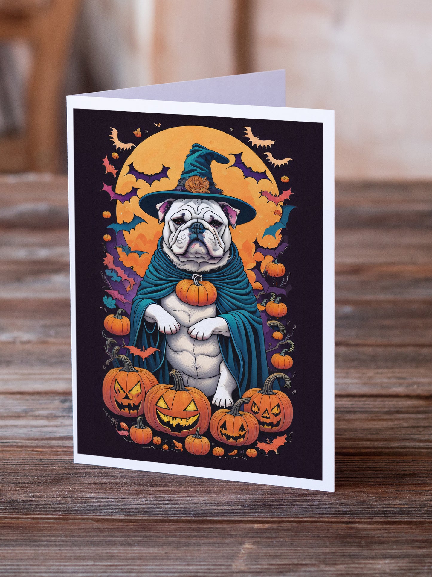 White English Bulldog Witchy Halloween Greeting Cards and Envelopes Pack of 8