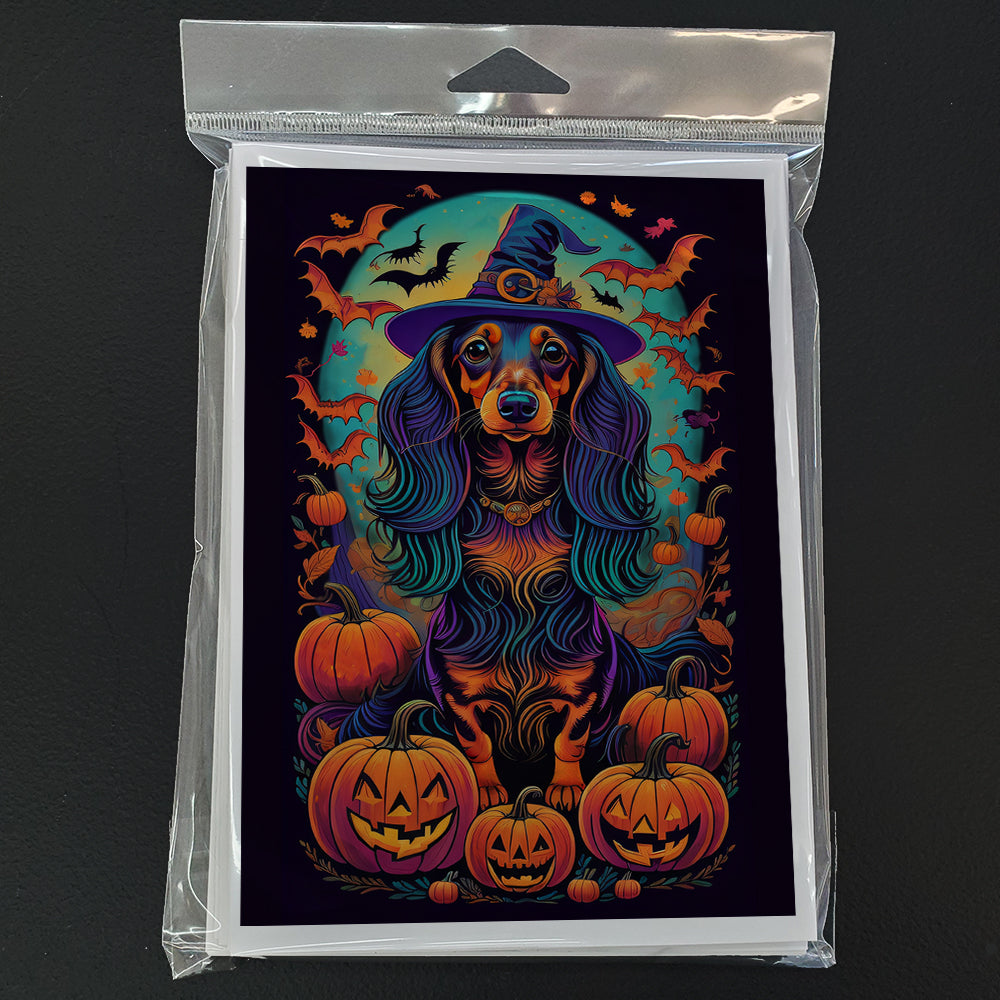 Longhair Black and Tan Dachshund Witchy Halloween Greeting Cards and Envelopes Pack of 8