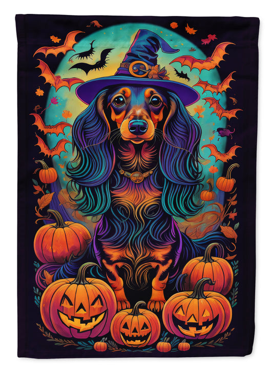 Buy this Longhair Black and Tan Dachshund Witchy Halloween Garden Flag