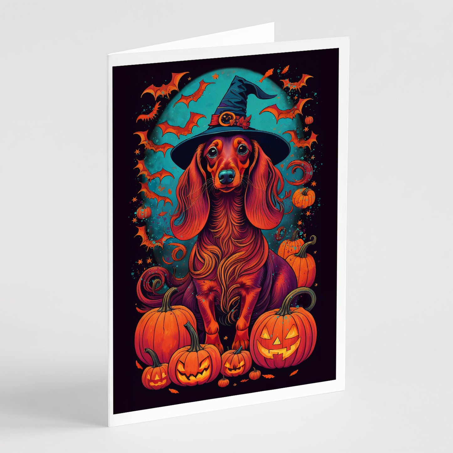 Buy this Longhair Dachshund Witchy Halloween Greeting Cards and Envelopes Pack of 8