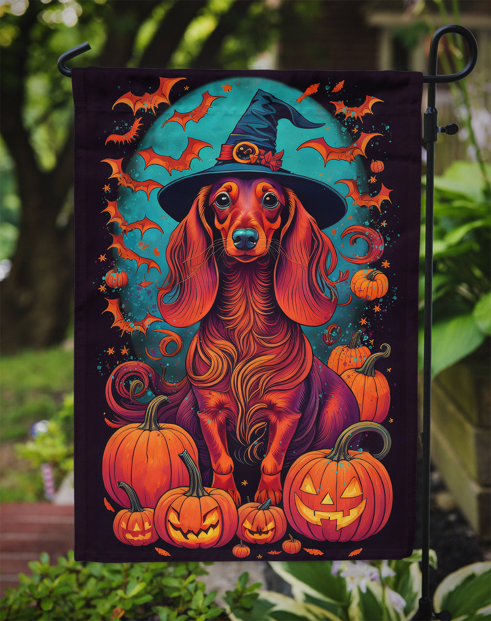 Longhair Dachshund Witchy Halloween Garden Flag