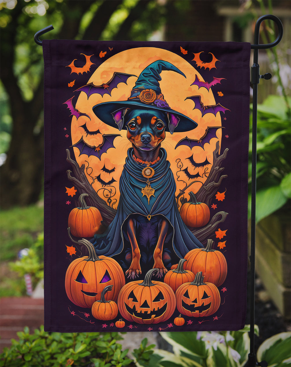 Miniature Pinscher Witchy Halloween Garden Flag