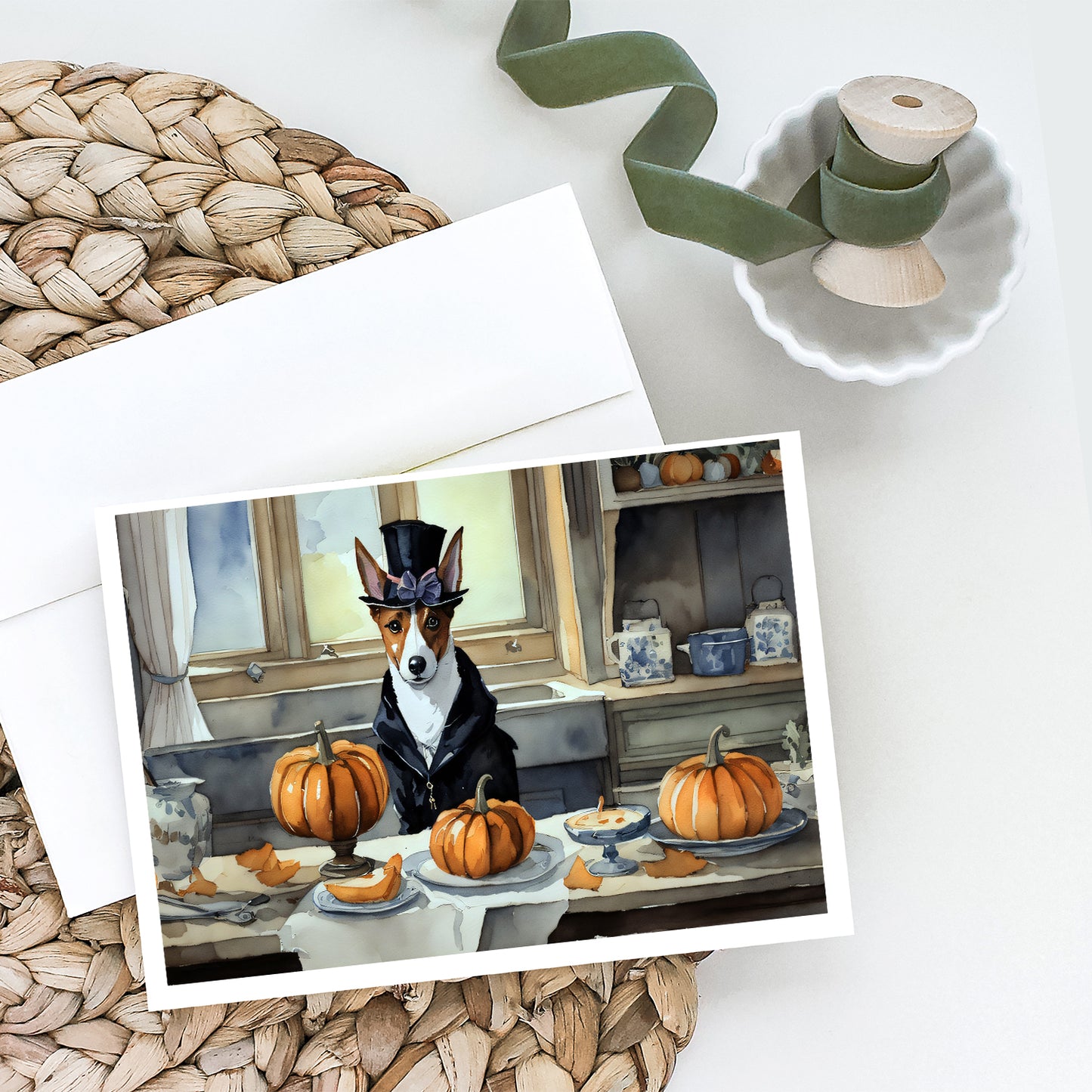 Basenji Fall Kitchen Pumpkins Greeting Cards and Envelopes Pack of 8
