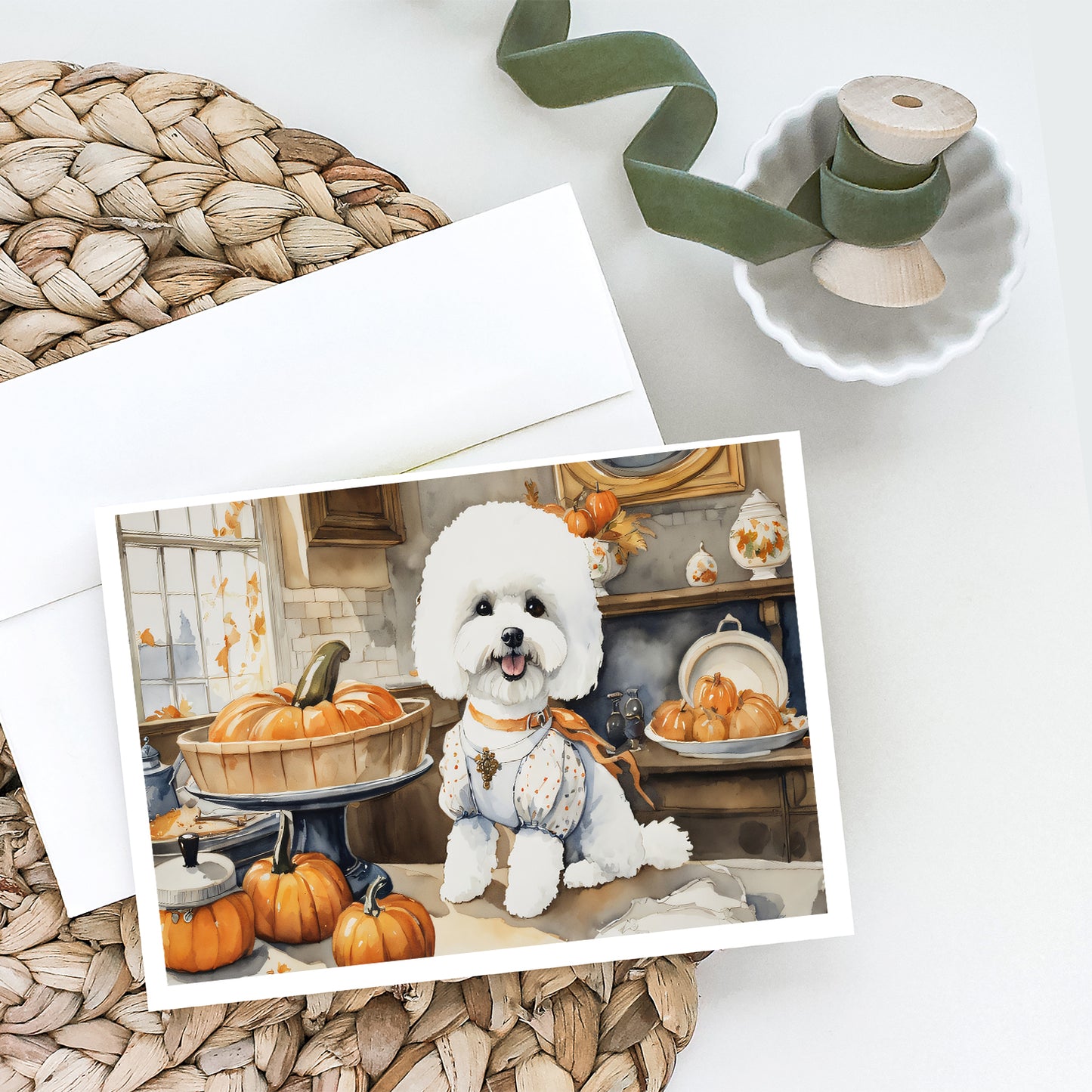 Bichon Frise Fall Kitchen Pumpkins Greeting Cards and Envelopes Pack of 8