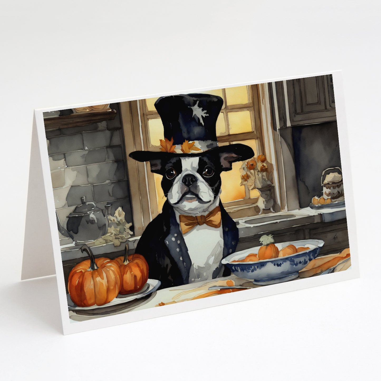 Buy this Boston Terrier Fall Kitchen Pumpkins Greeting Cards and Envelopes Pack of 8