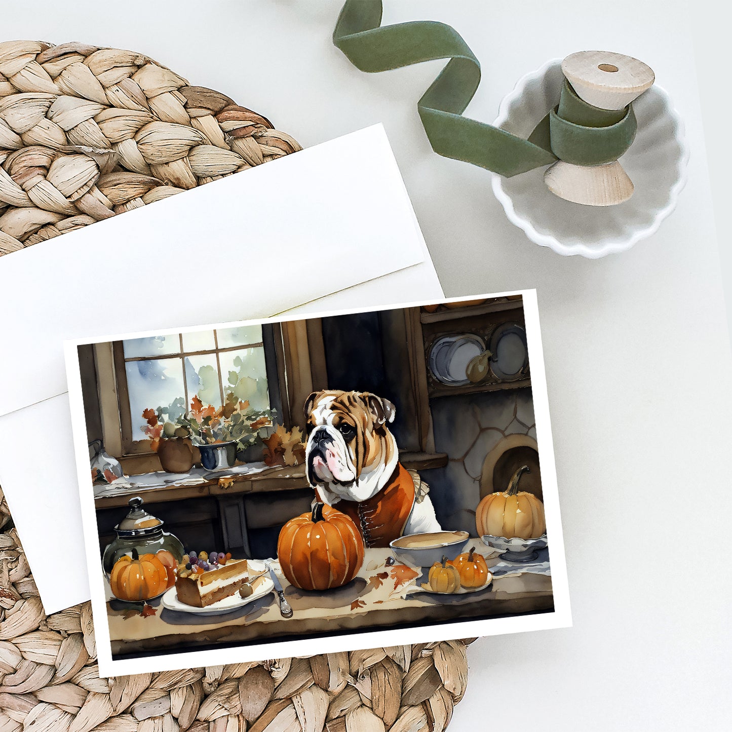 English Bulldog Fall Kitchen Pumpkins Greeting Cards and Envelopes Pack of 8