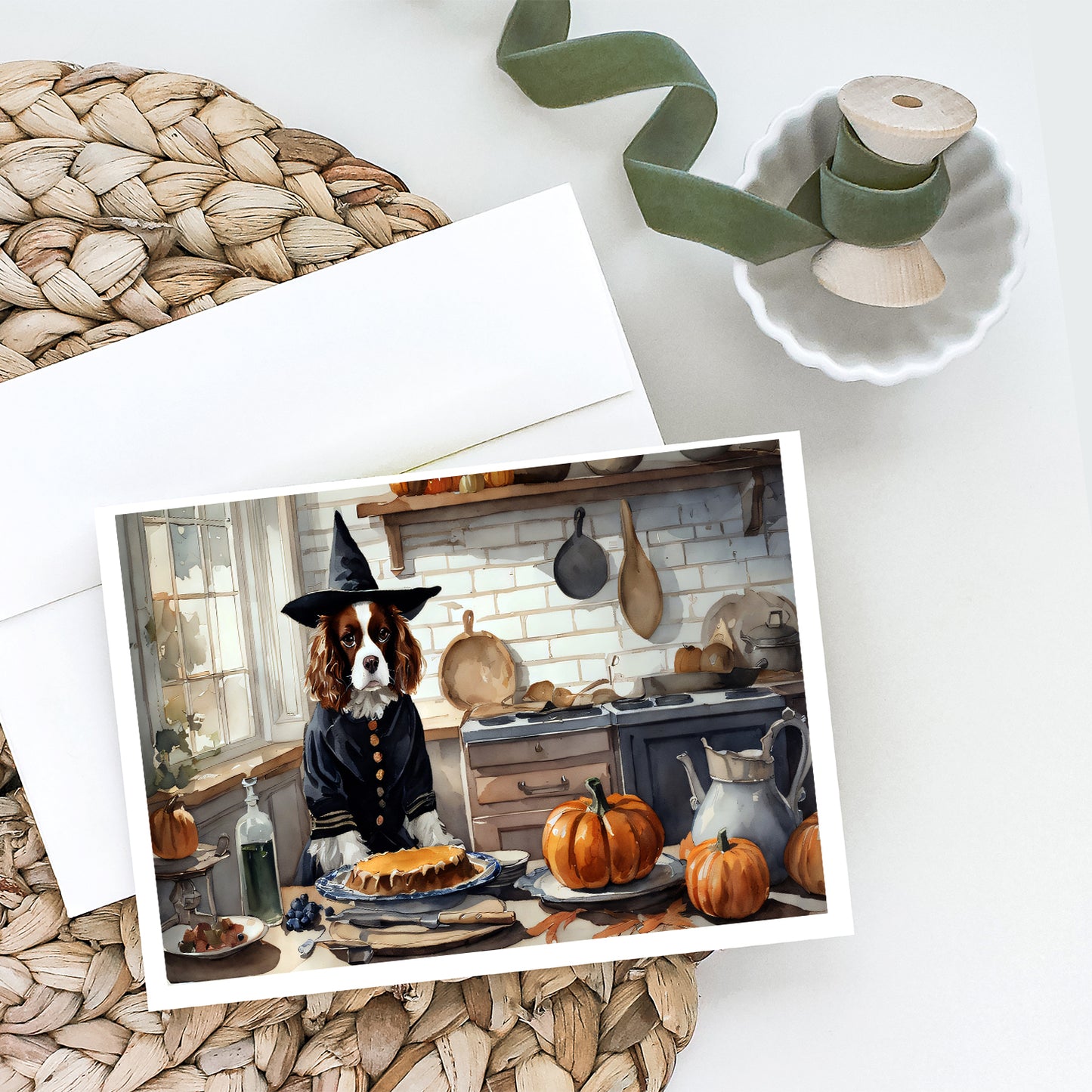 Cavalier Spaniel Fall Kitchen Pumpkins Greeting Cards and Envelopes Pack of 8