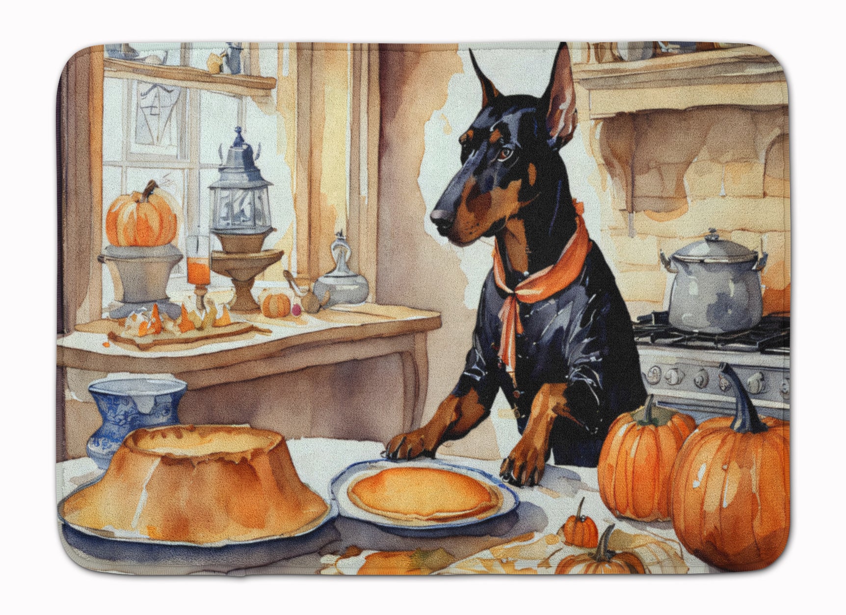 Buy this Doberman Pinscher Fall Kitchen Pumpkins Memory Foam Kitchen Mat