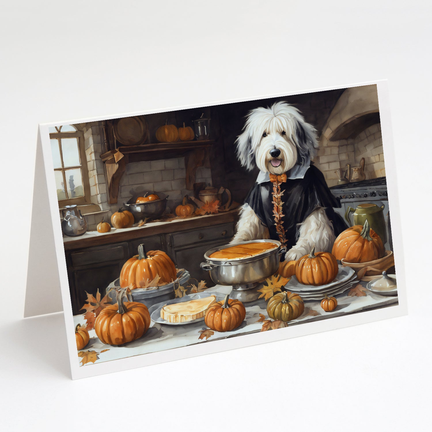 Buy this Old English Sheepdog Fall Kitchen Pumpkins Greeting Cards and Envelopes Pack of 8