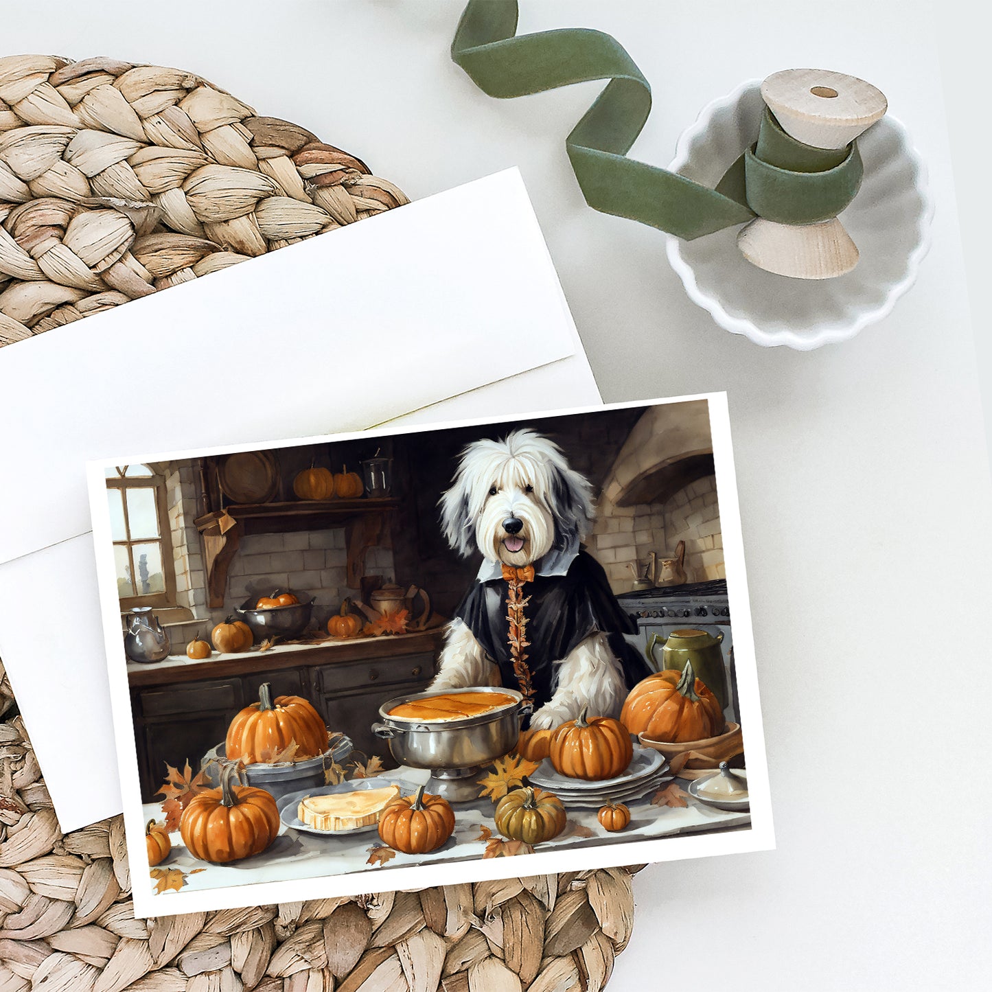 Old English Sheepdog Fall Kitchen Pumpkins Greeting Cards and Envelopes Pack of 8