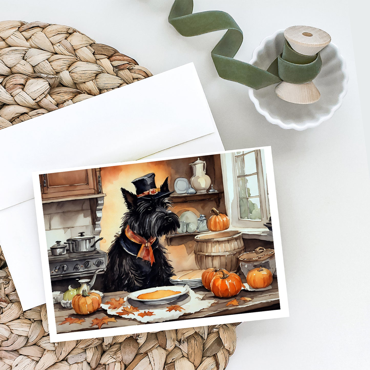 Scottish Terrier Fall Kitchen Pumpkins Greeting Cards and Envelopes Pack of 8