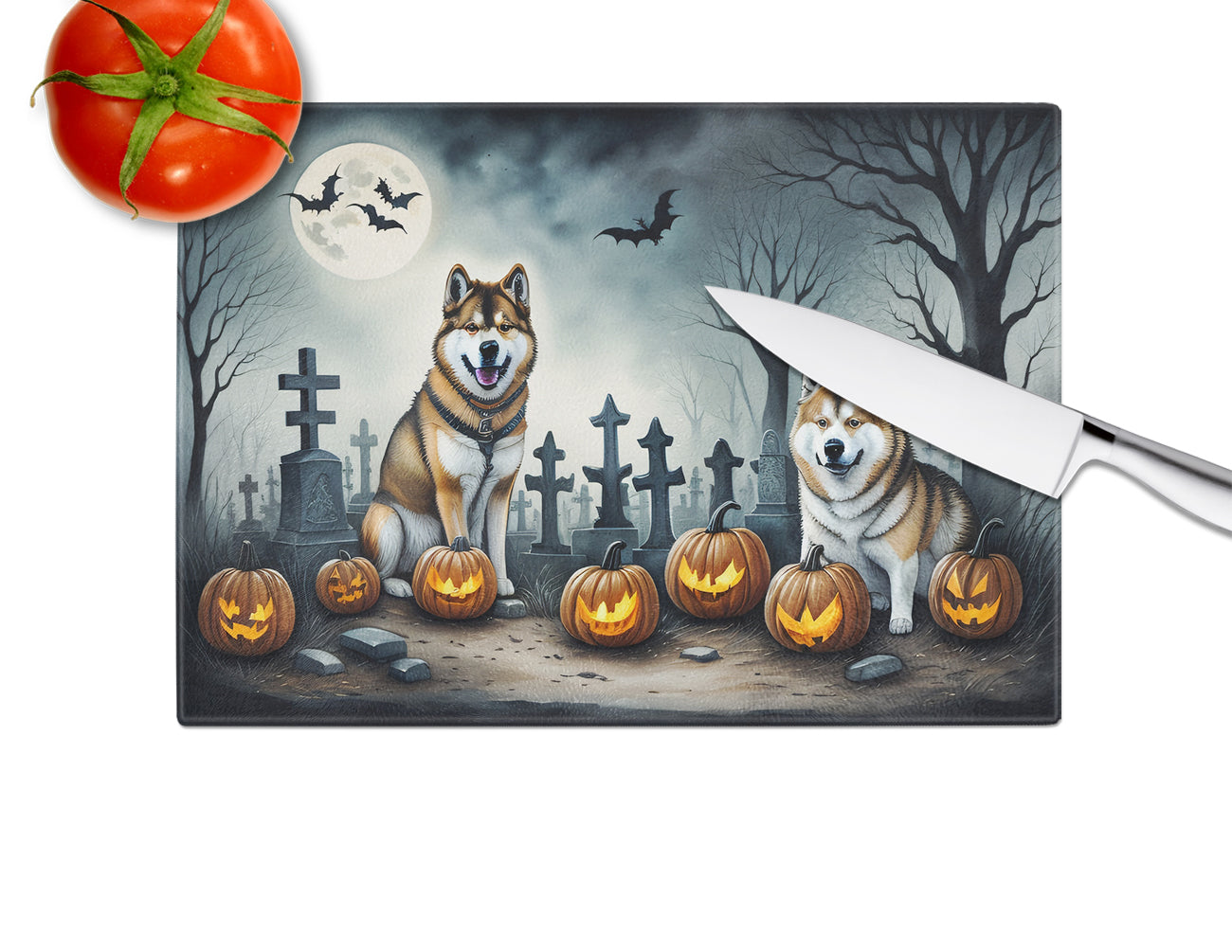 Akita Spooky Halloween Glass Cutting Board