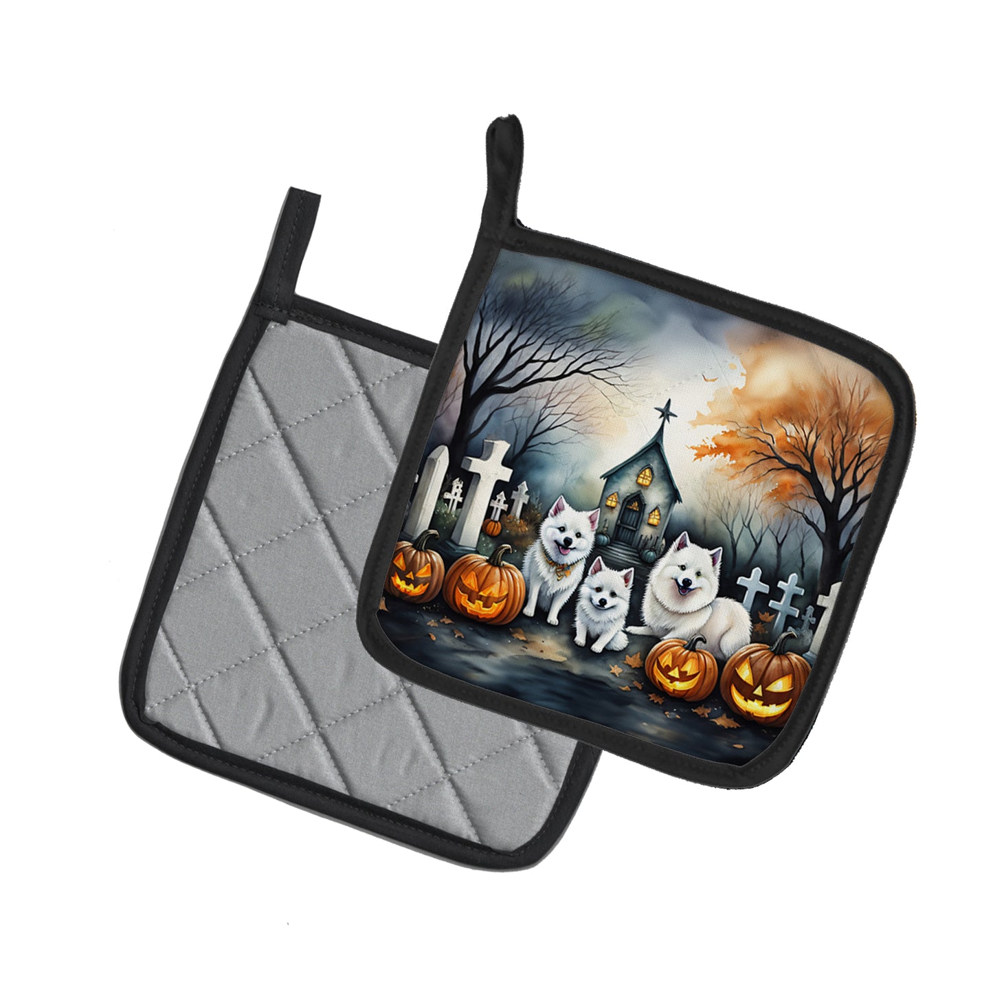 American Eskimo Spooky Halloween Pair of Pot Holders