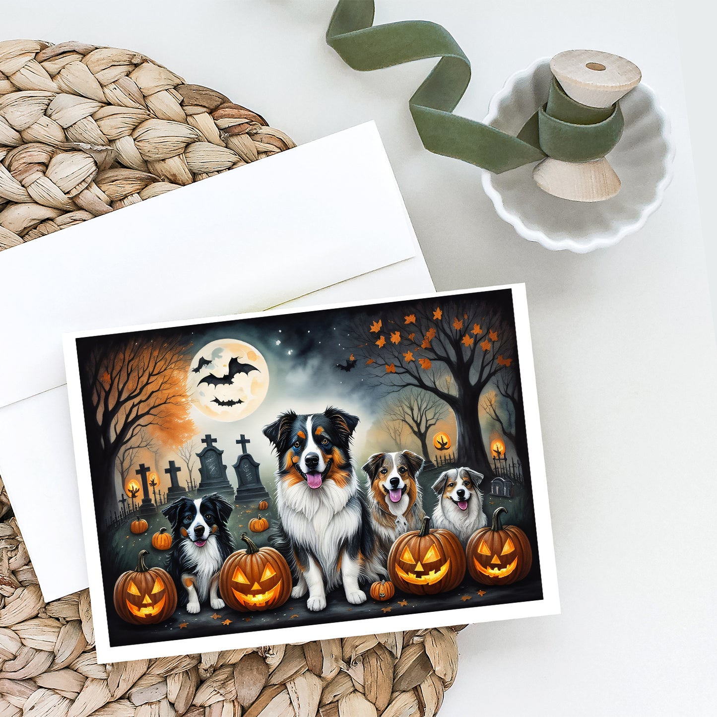 Australian Shepherd Spooky Halloween Greeting Cards and Envelopes Pack of 8