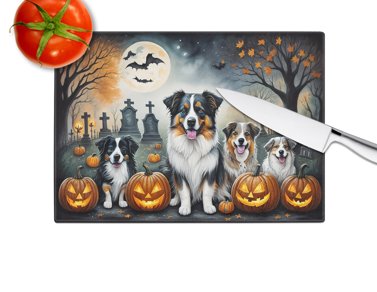 Australian Shepherd Spooky Halloween Glass Cutting Board