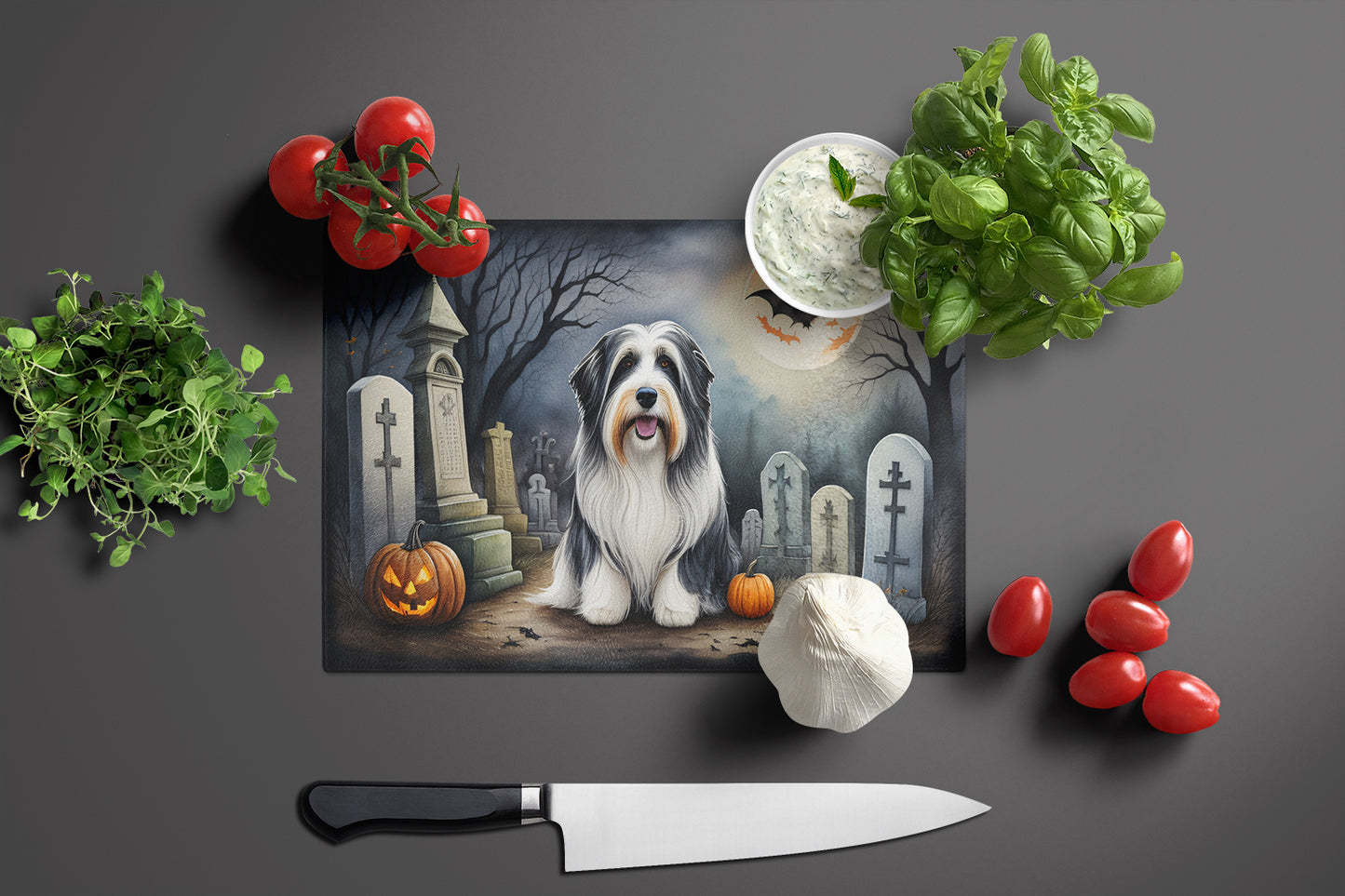 Bearded Collie Spooky Halloween Glass Cutting Board