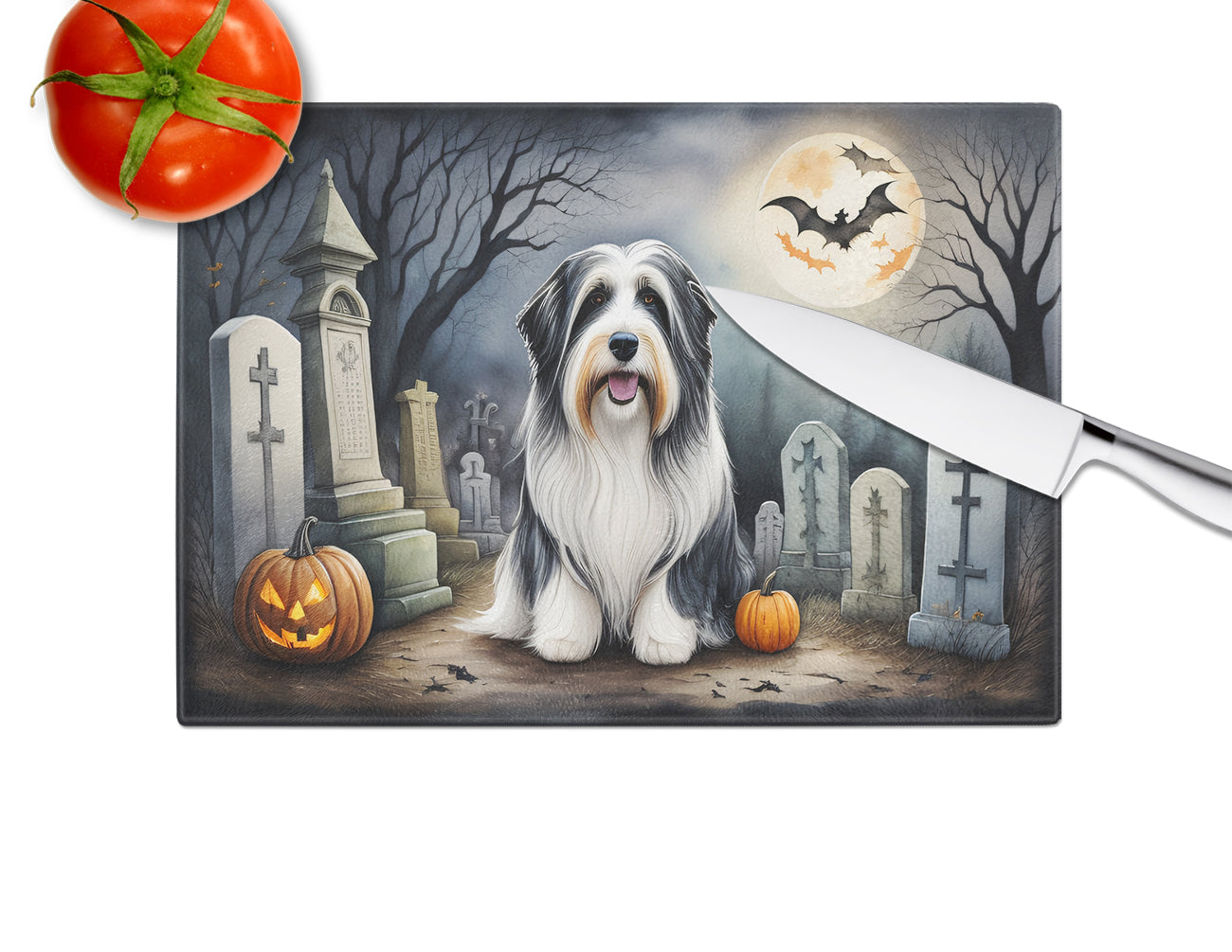 Bearded Collie Spooky Halloween Glass Cutting Board