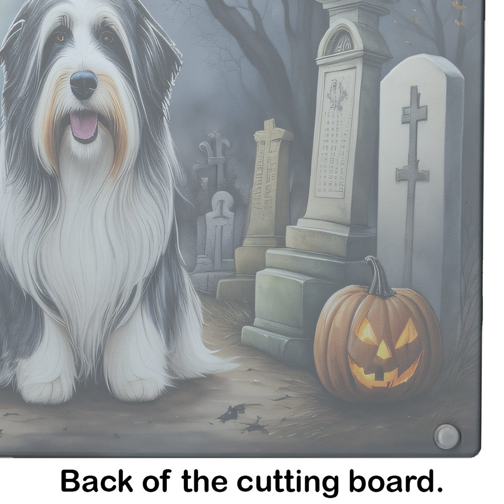 Bearded Collie Spooky Halloween Glass Cutting Board