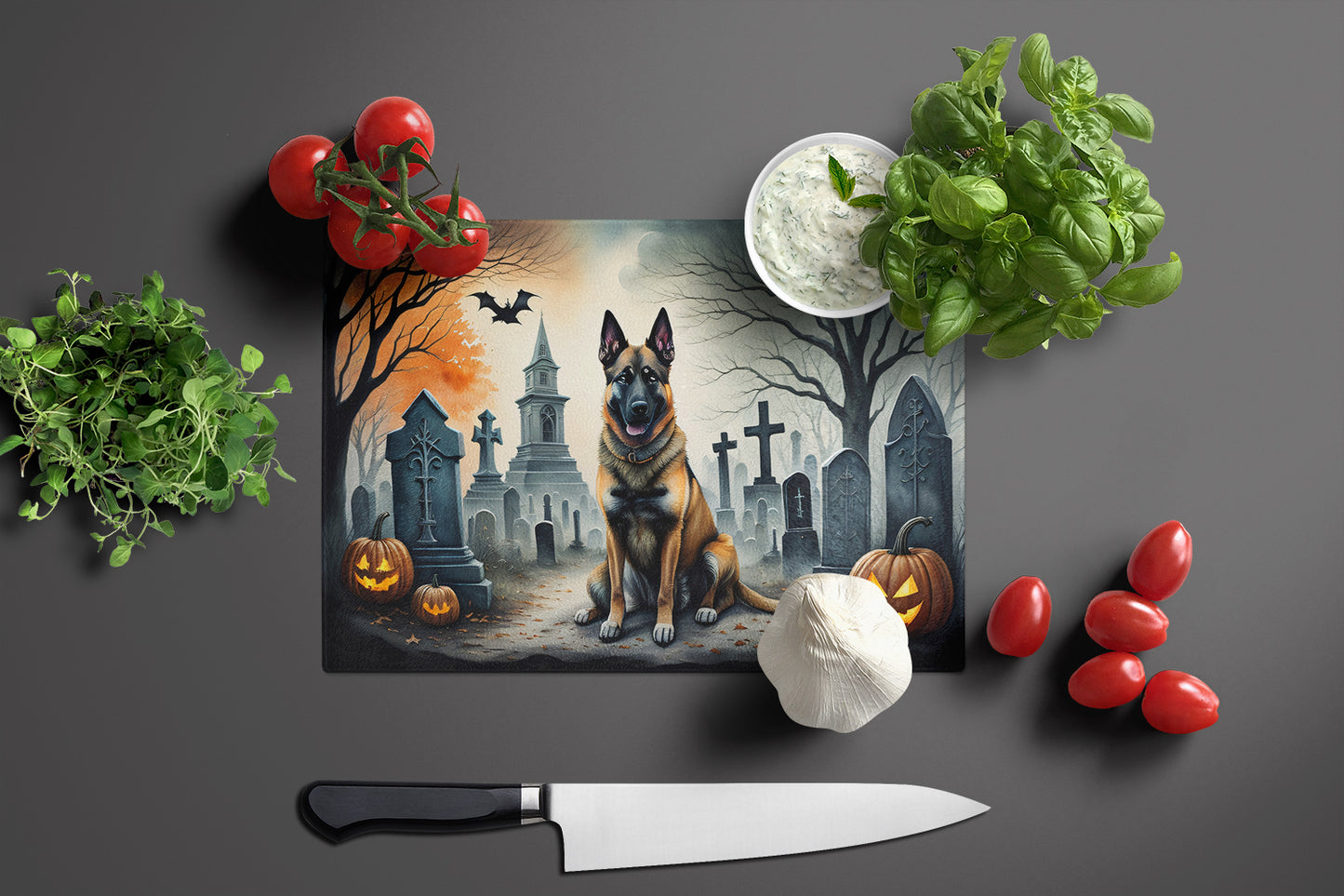 Belgian Malinois Spooky Halloween Glass Cutting Board