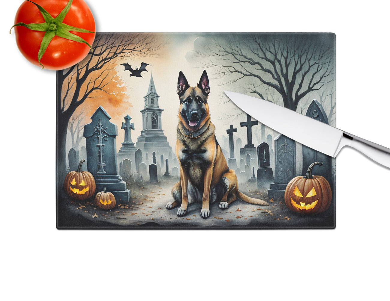 Belgian Malinois Spooky Halloween Glass Cutting Board