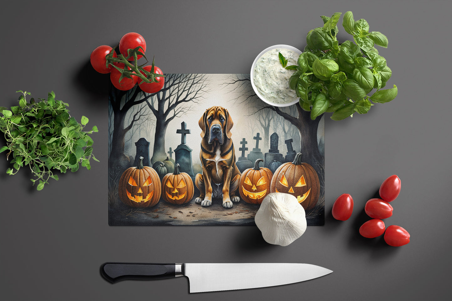 Bloodhound Spooky Halloween Glass Cutting Board